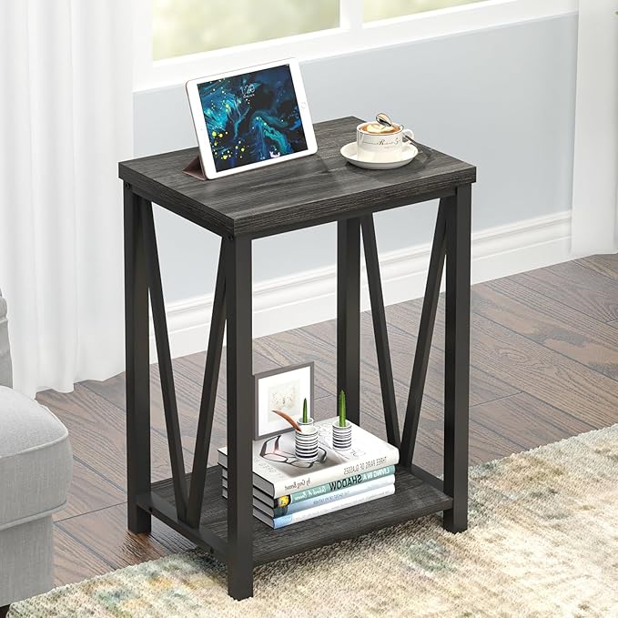 FOLUBAN Small Side Table, Rustic Wood and Metal End Table by FOLUBAN