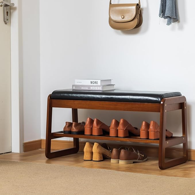 Solid Wood Shoe Bench, 2-Tier Entryway Bench - Image 3