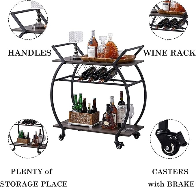 LVB Bar Cart with Wine Rack, 2 Tier Kitchen Cart on Wheels, Industrial Wood and - Image 3