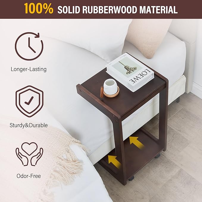 CozyDH C Shaped Solid Wood End Table, Rolling Side Table TV Sofa Tray Table - Image 3