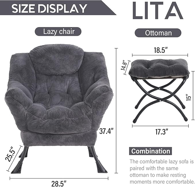 LITA Lazy Chair with Ottoman, Modern Accent Leisure Upholstered Sofa Chair - Image 3