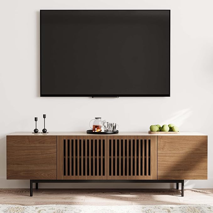 POVISON Mid Century Modern Sintered Stone TV Stand, Slatted Media Console TV - Image 2