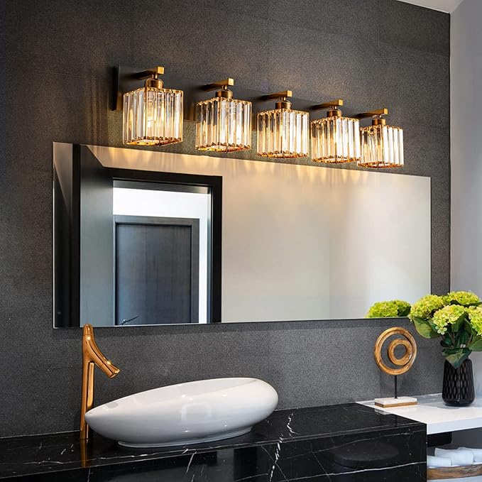 Modern Bathroom Vanity Light 5-Lights Black Gold Crystal Bathroom Wall Light - Image 3