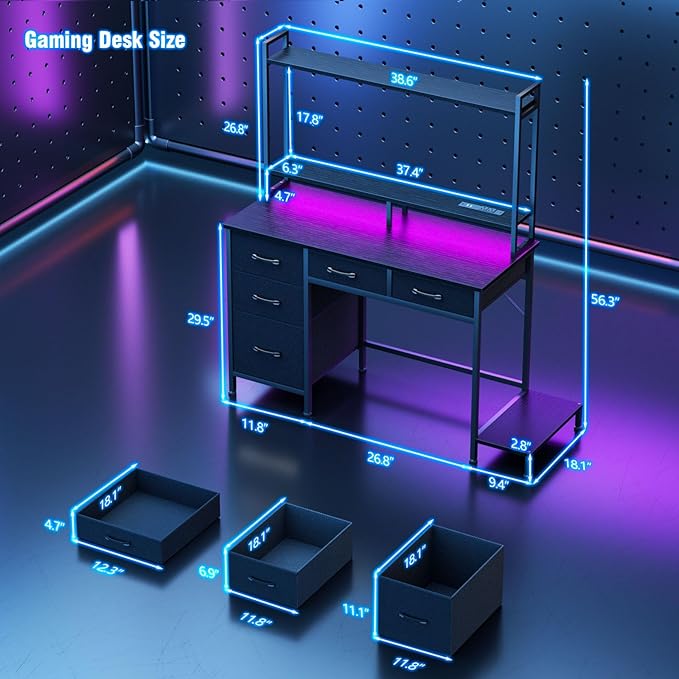 Computer Gaming Desk with Hutch, Home Office Desk with Power Outlets, LED Light - Image 3