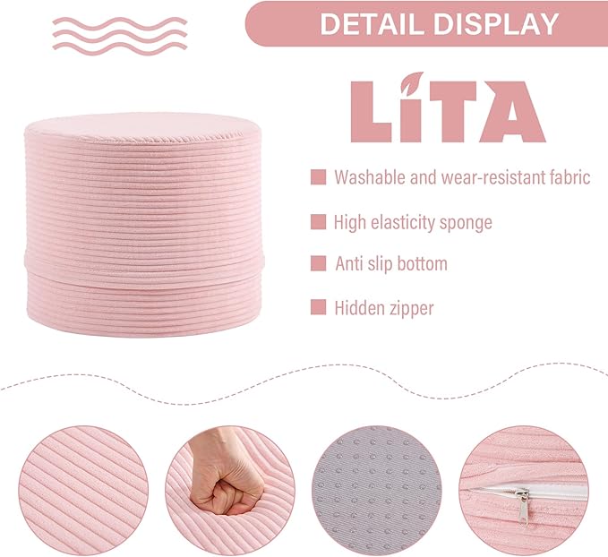 LITA Round Stuffed Pouf Ottoman, Velvet Poufs - Image 3