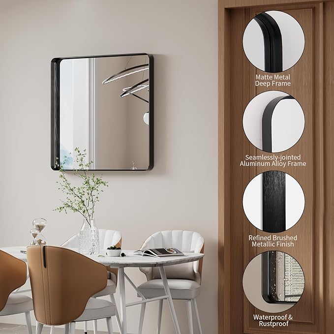 Koonmi Black Wall Mirror for Bathroom, 30x30 Inch Matte Deep Framed Rounded - Image 5