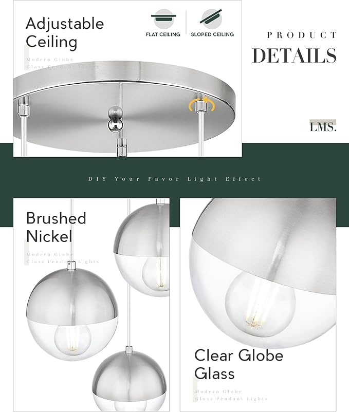 LMS Modern Brushed Nickel 3-Light Cluster Pendant Lights, Mid Century Pendant - Image 4