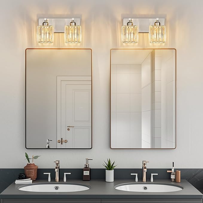 Modern Vanity Light 2-Lights Brushed Nickel Vanity Light Crystal Bathroom Wall - Image 2
