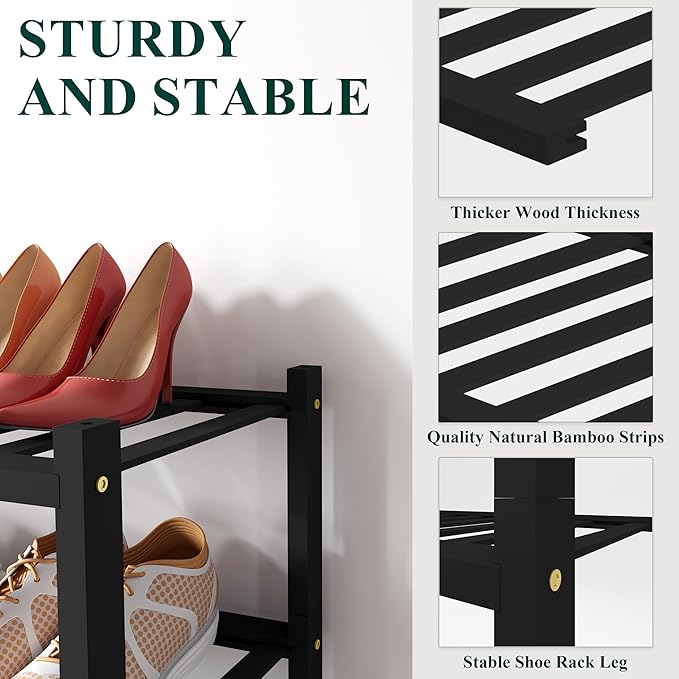 Smiry Shoe Rack, 4 Tier Small Bamboo Shoe Organizer, Stackable Free Standing - Image 3