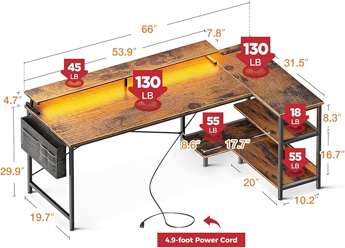 ODK 66 Inch Gaming Desk with USB Charging Ports and LED Lights, Reversible L - Image 3