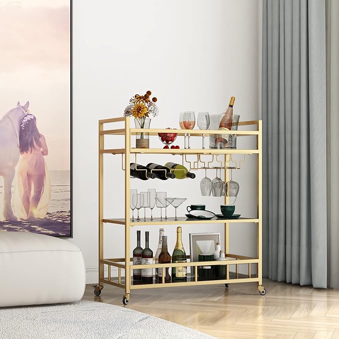Bar Cart Gold with Bottle Storage and Wine Glass, Rolling Serving Bar Cart on by LORMITER