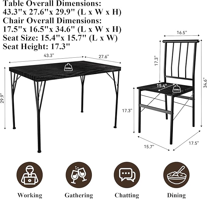 5 Piece Dining Table Set with 1.6" Thick Desktop, Modern Metal&Wood Kitchen - Image 2