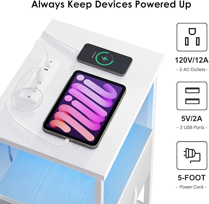 Fixwal Night Stand with Charging Station, LED Nightstand with Fabric Drawers - Image 5