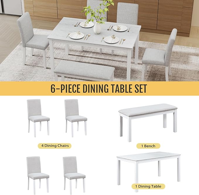 6-Piece Solid Wood Dining Table Set, Including 1 Dining Table, 4 Upholstered - Image 4