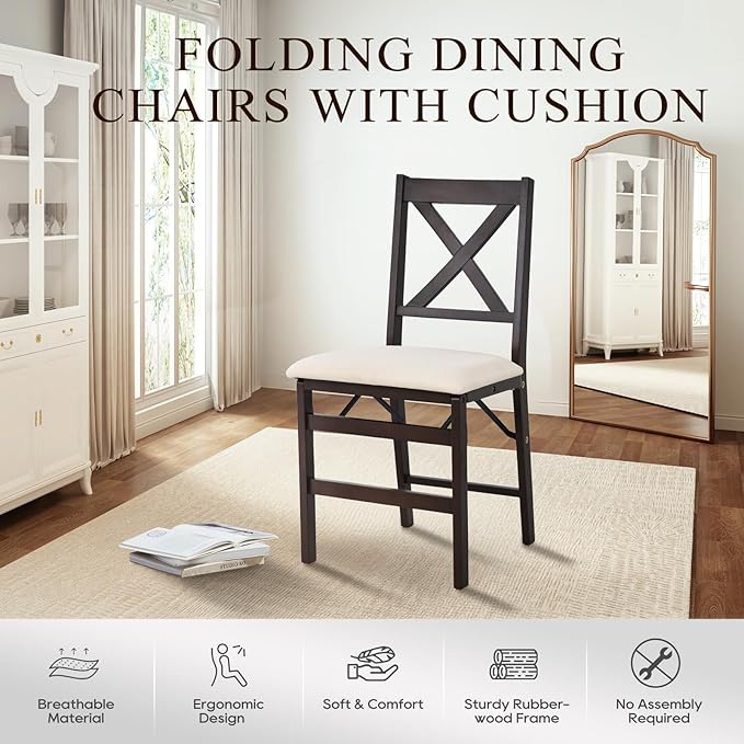 COLAMY Folding Dining Chairs Set of 4 – Beige Upholstered Wooden Dining Room - Image 5
