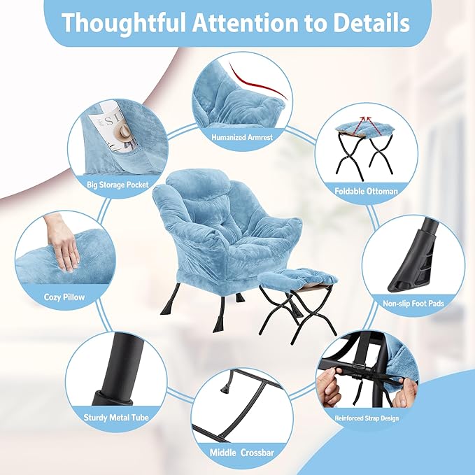 Lazy Chair with Folding Ottoman, Accent Chair Plush Upholstered with Metal - Image 6