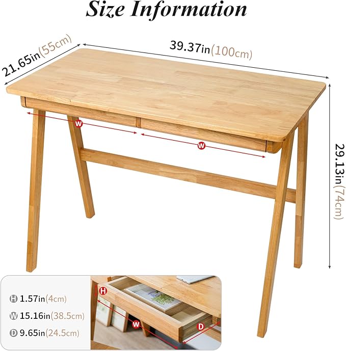 Computer Desk with Drawers, Solid Wood Writing Desk, Mid Century Modern Home - Image 2
