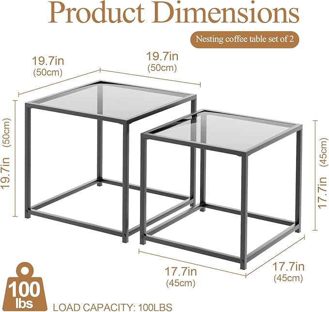 Garden 4 you Coffee Table Set of 2, Modern Glass Nesting Table, Metal Frame - Image 2