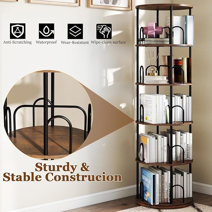 5-Tier Rotating Bookshelf, 360° Round Spinning Book Shelf Tower, Tall Skinny - Image 5