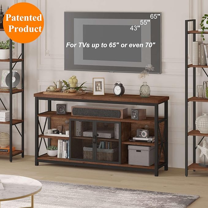 BON AUGURE Tall TV Stand for TVs up to 65 Inch, Industrial Wood Entertainment - Image 3