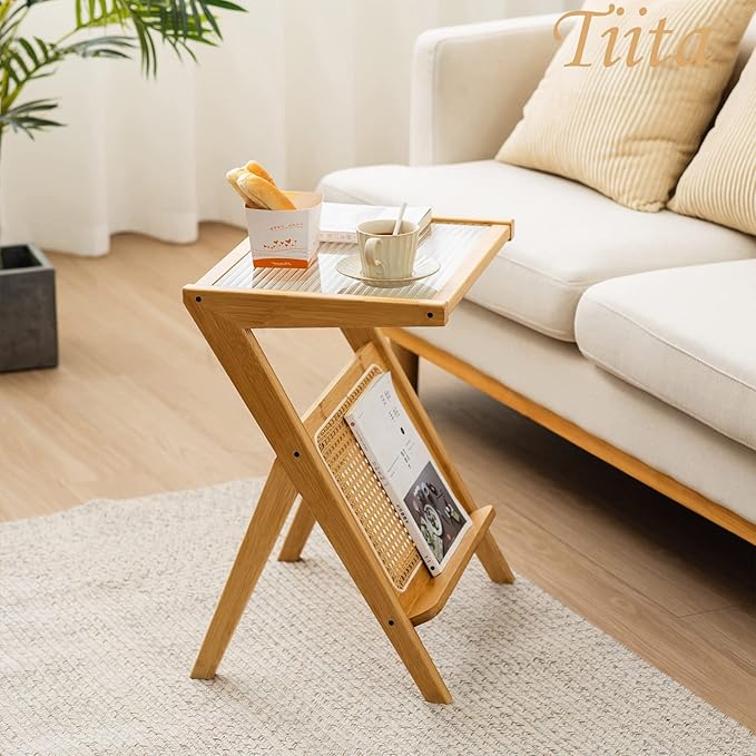 Tiita Rattan Side Table, Mid Century Nightstand, Bamboo Accent Bedside Tables - Image 2