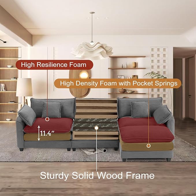 Furniliving 117‘’ L-Shaped Sofa, Luxury Corduroy Modular Sectional Couches - Image 3
