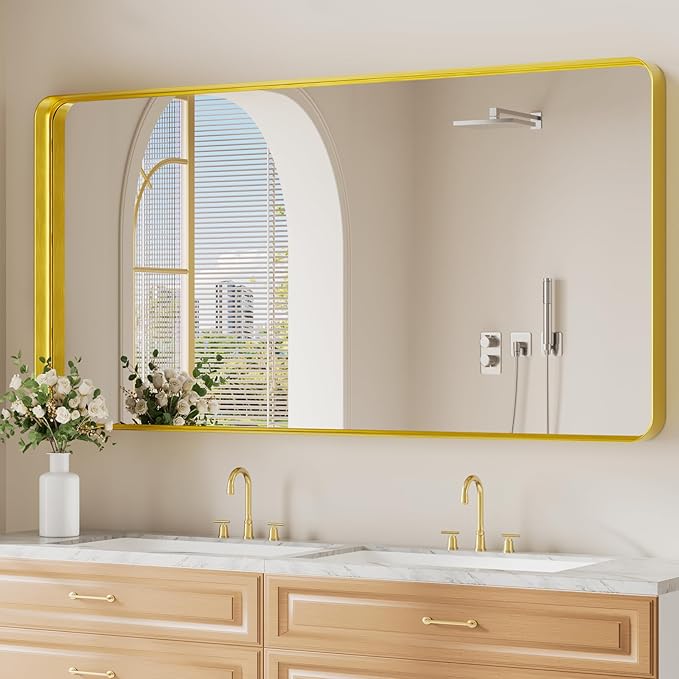 Koonmi Gold Bathroom Mirror for Wall, 30x60 Inch Matte Metal Deep Framed by KOONMI