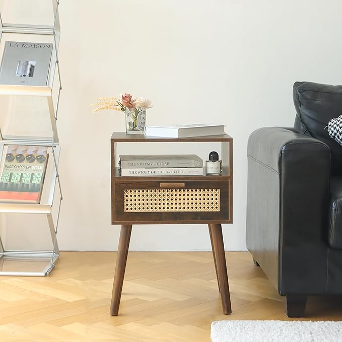 MaxSmeo Small Nightstand with Charging Station, Rattan Side Table Mid Century - Image 6