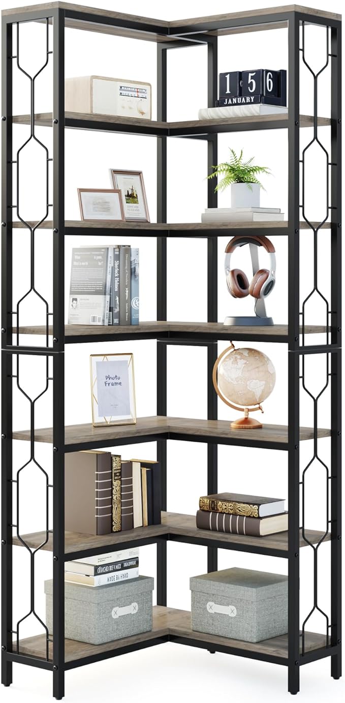 Tribesigns Corner Shelf, 7-Tier Industrial Corner Bookshelf, Wood and Metal - Image 9