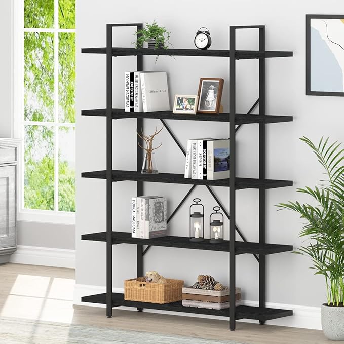 HSH 5 Tier Tall Black Bookshelf, Wood and Metal Storage Book Rack, Industrial by HOMESWEETHOME