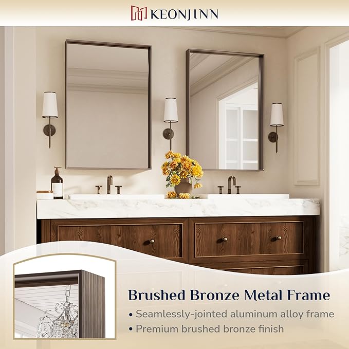 Keonjinn 24 x 36 in Brushed Bronze Bathroom Mirror, Rectangular Metal Frame - Image 6