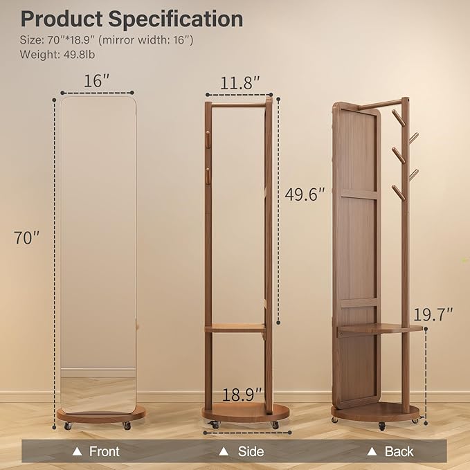 70"x16"Full Length Mirror with Stand, Coat Rack with Mirror, Solid Wood Floor - Image 2