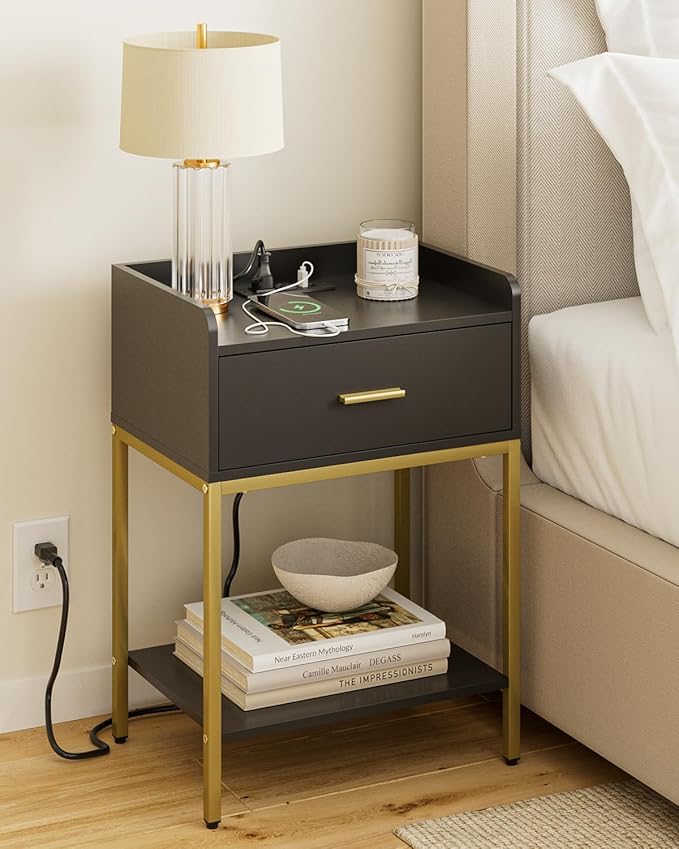 Nightstand with Charging Station, 3-Tier Bedside Table by Unknown