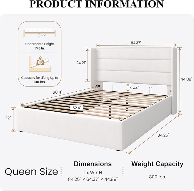 SHA CERLIN Queen Size Lift Up Storage Bed/Velvet Upholstered/Modern Wingback - Image 2