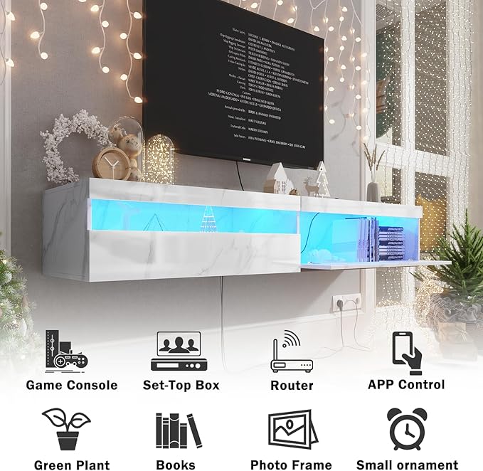 Floating TV Stand with Led Lights, 71 inch Wall Mounted TV Shelf with Power - Image 4