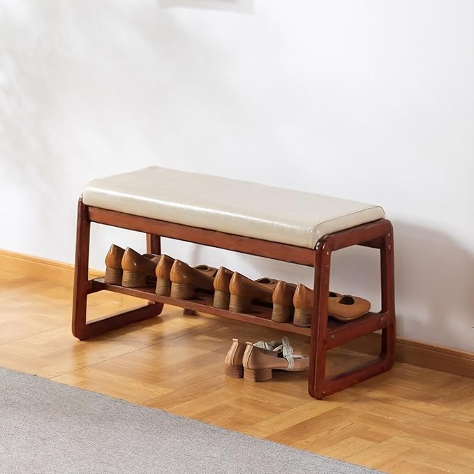 Solid Wood Shoe Bench, 2-Tier Wooden Entryway Bench, Modern Shoe Rack by SOBIBO
