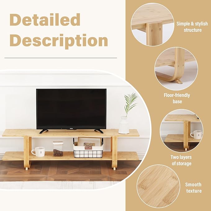 Welnow Bamboo TV Stand for Up to 65 Inch, Mid Century Modern Entertainment - Image 3