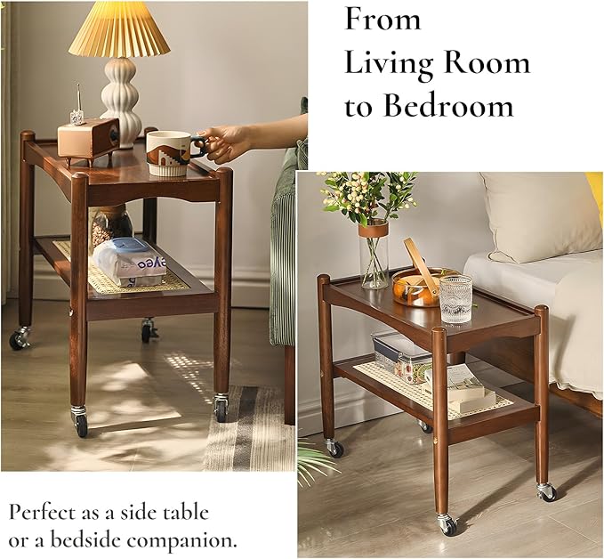 Rattan Side Table with Wheels, Small End Table with Storage, Narrow Wooden Bed - Image 7