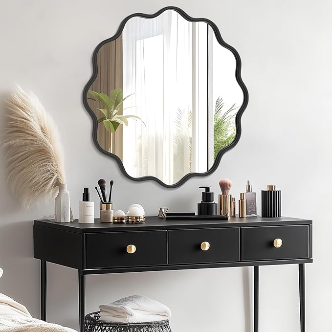 PROHOMEWARE Black Round Mirror 36 Inch Wavy Bathroom Vanity Mirror Black Frame - Image 7