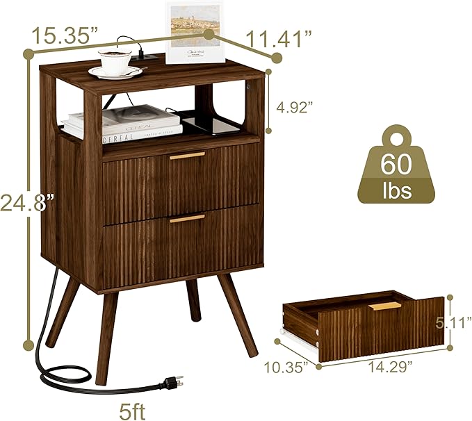 Nightstand with Charging Station and LED Lights, Modern Bedside Table with 2 - Image 2