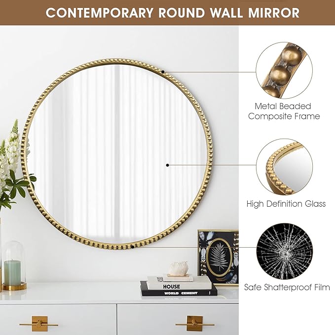 Round Bathroom Wall Mirror, Wall Mounted Large Circle Makeup Mirror - Image 3