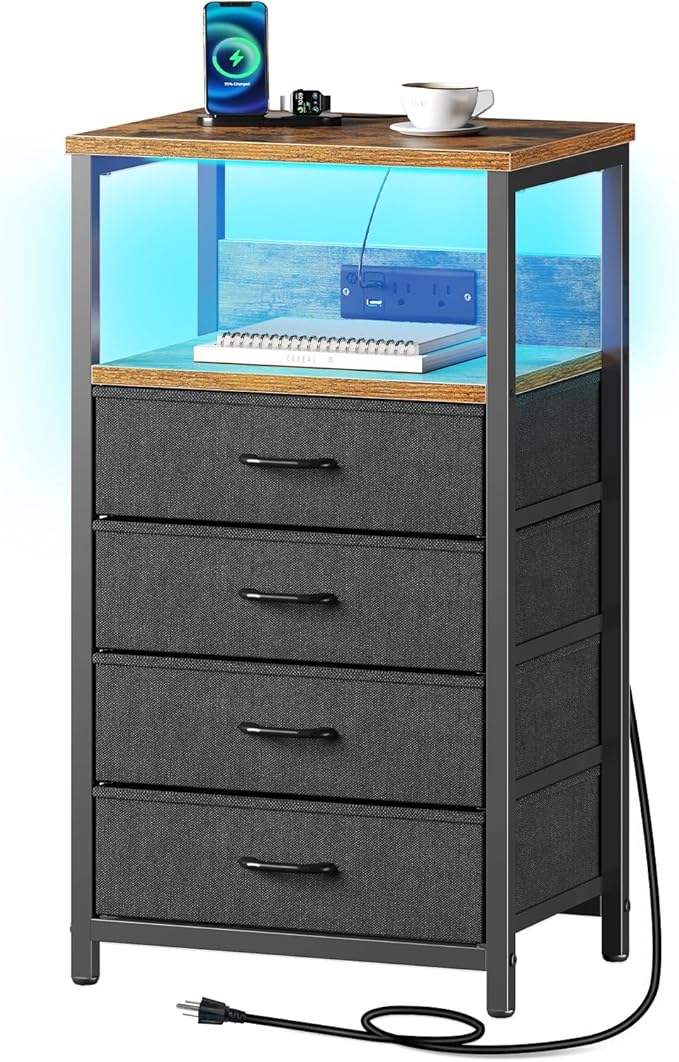 Seventable Night Stand with Charging Station, Tall Nightstand with 4 Fabric by Seventable