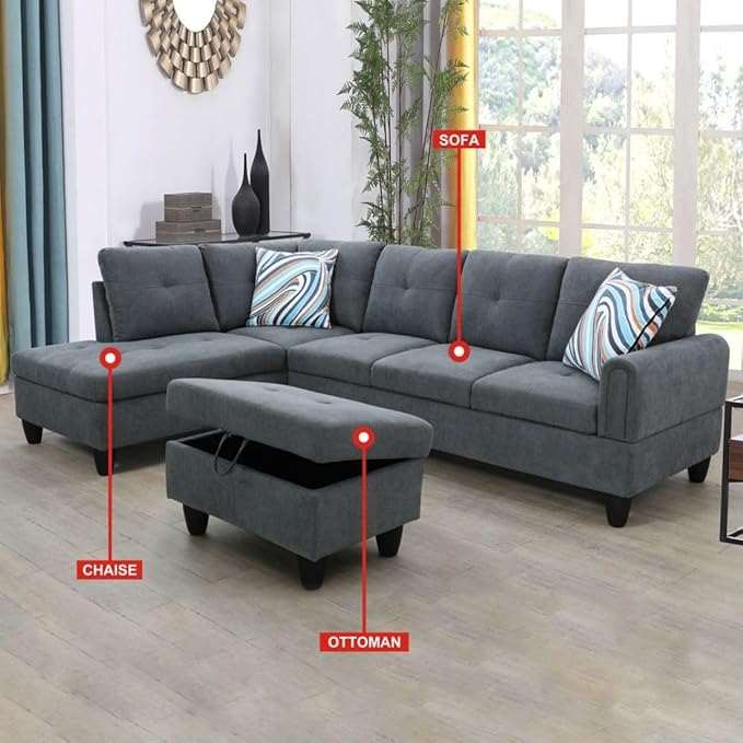 Dark Grey L-Shaped 3-Piece Flannel Sofa - Image 3