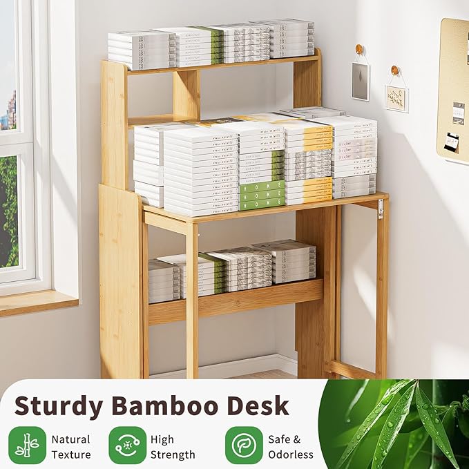 Bamboo Folding Desk with Storage Rack Mid Century Modern Desk - Image 6