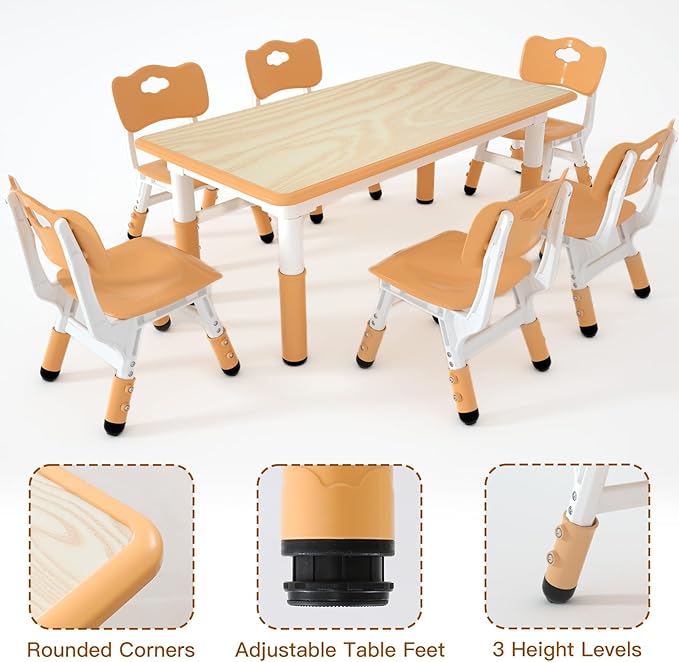 Kids Table and 6 Chairs Set，Height Adjustable Children Table & Chair，Toddlers - Image 3