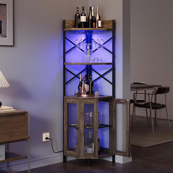 Corner Bar Cabinet with Power Outlet, 5-Tier Corner Wine Cabinet with Led Strip by Airynee