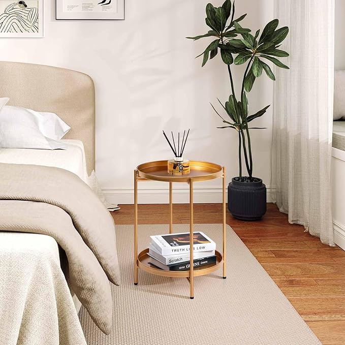 HollyHOME 2-Tier Round Gold Side Table, Outdoor Small Folding Accent Stand - Image 8