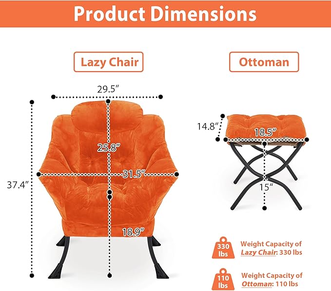 Lazy Chair with Folding Ottoman, Accent Chair Plush Upholstered with Metal - Image 3