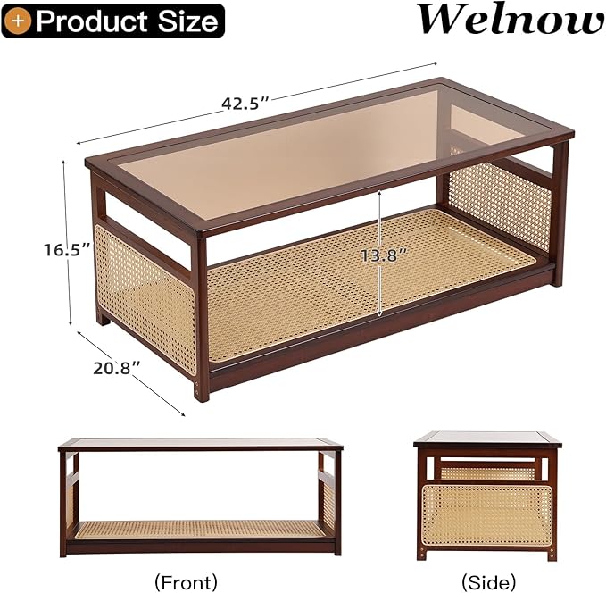 Welnow Rattan Coffee Tables for Living Room, Modern 2-Tier Coffee Table - Image 3