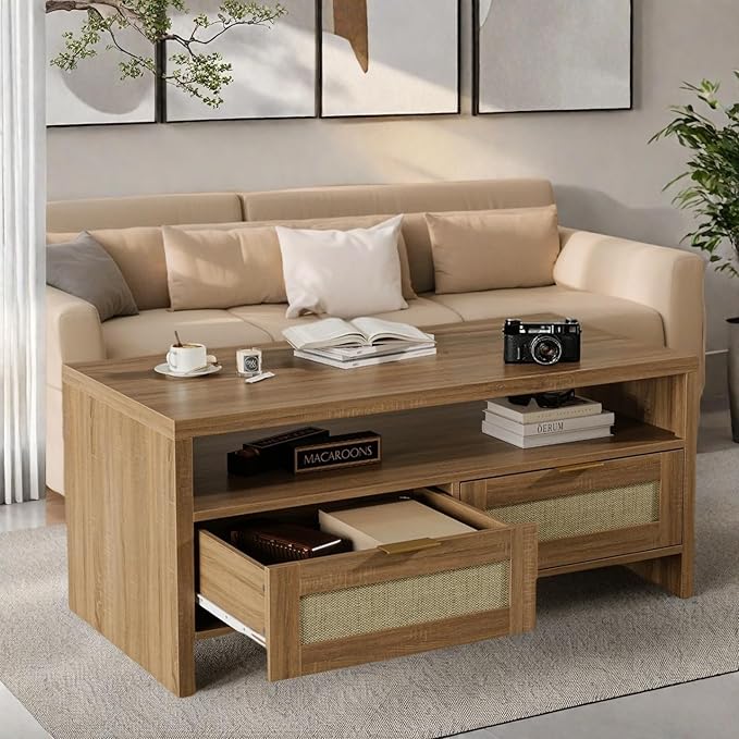 2 Tiers Boho Coffee Table with Storage, 40” Mid Century Rattan Console Table by Tackview
